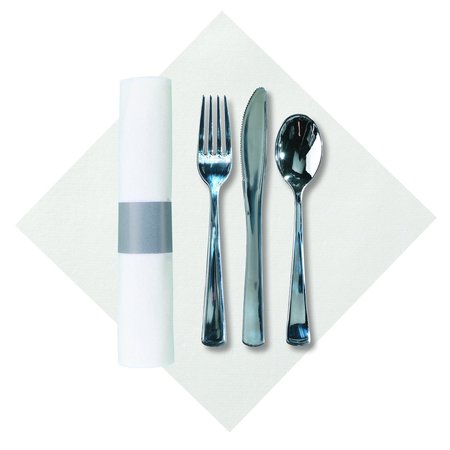 CATERWRAP 8" x 8.5" Pre-Rolled White Dinner Napkins with Metallic Cutlery PK 100 PK 119956